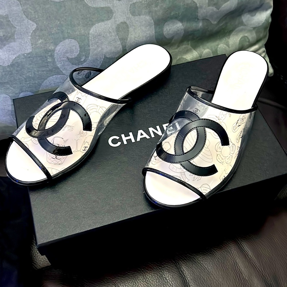 Chanel clear/black mules